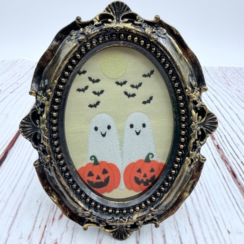 Halloween Ghost Pumpkin Decoupage Art Ornate Gold Black Oval Resin Frame